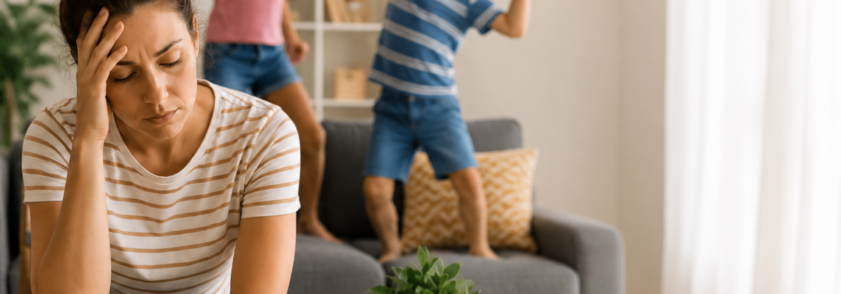 Madre stanca mentre due bambini giocano in casa durante l’estate, immagine sulle difficoltà dei genitori nella gestione dei figli.
