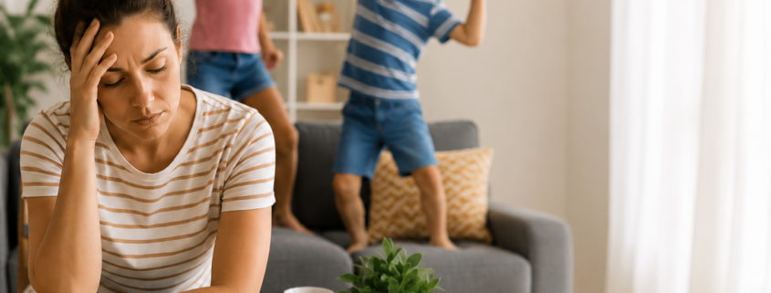 Madre stanca mentre due bambini giocano in casa durante l’estate, immagine sulle difficoltà dei genitori nella gestione dei figli.